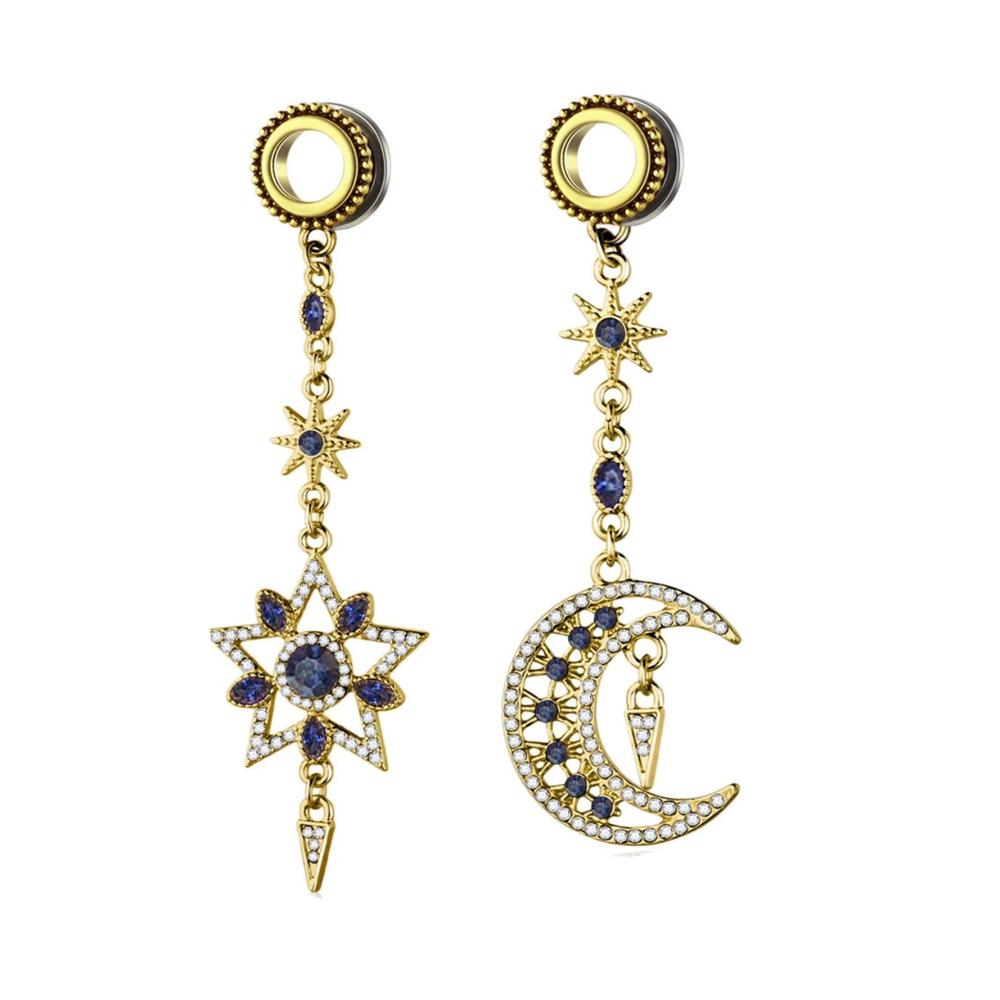 2er Set Hochwertige Edelstahl Tunnel-Dehnsets | 10mm-20mm | Blau-Weißer Zirkonia Sternanhänger | Stilvoller Ohrschmuck für alle Geschlechter | Trendige Punk-Accessoires
