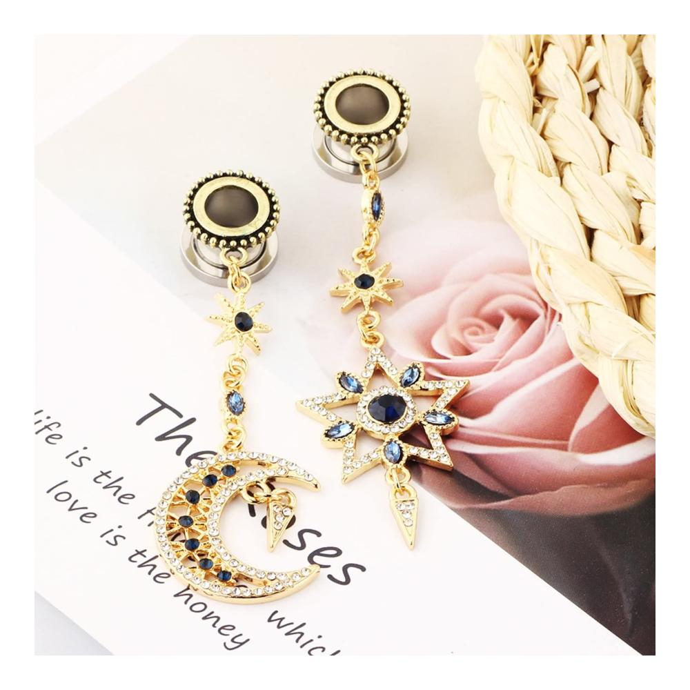 2er Set Hochwertige Edelstahl Tunnel-Dehnsets | 10mm-20mm | Blau-Weißer Zirkonia Sternanhänger | Stilvoller Ohrschmuck für alle Geschlechter | Trendige Punk-Accessoires