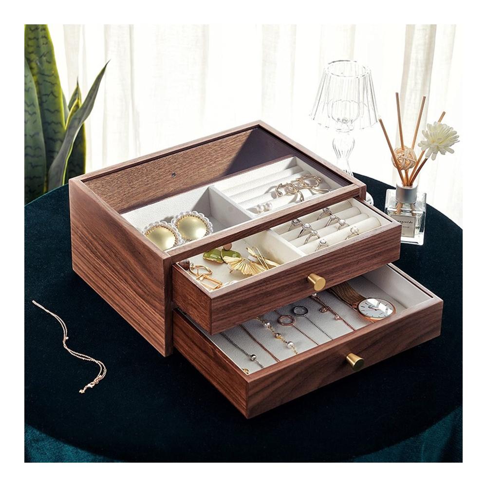 Transparenter Kettenständer auf 2 höhenverstellbaren Ebenen in Holzvitrine für Ketten Armbänder Ringe