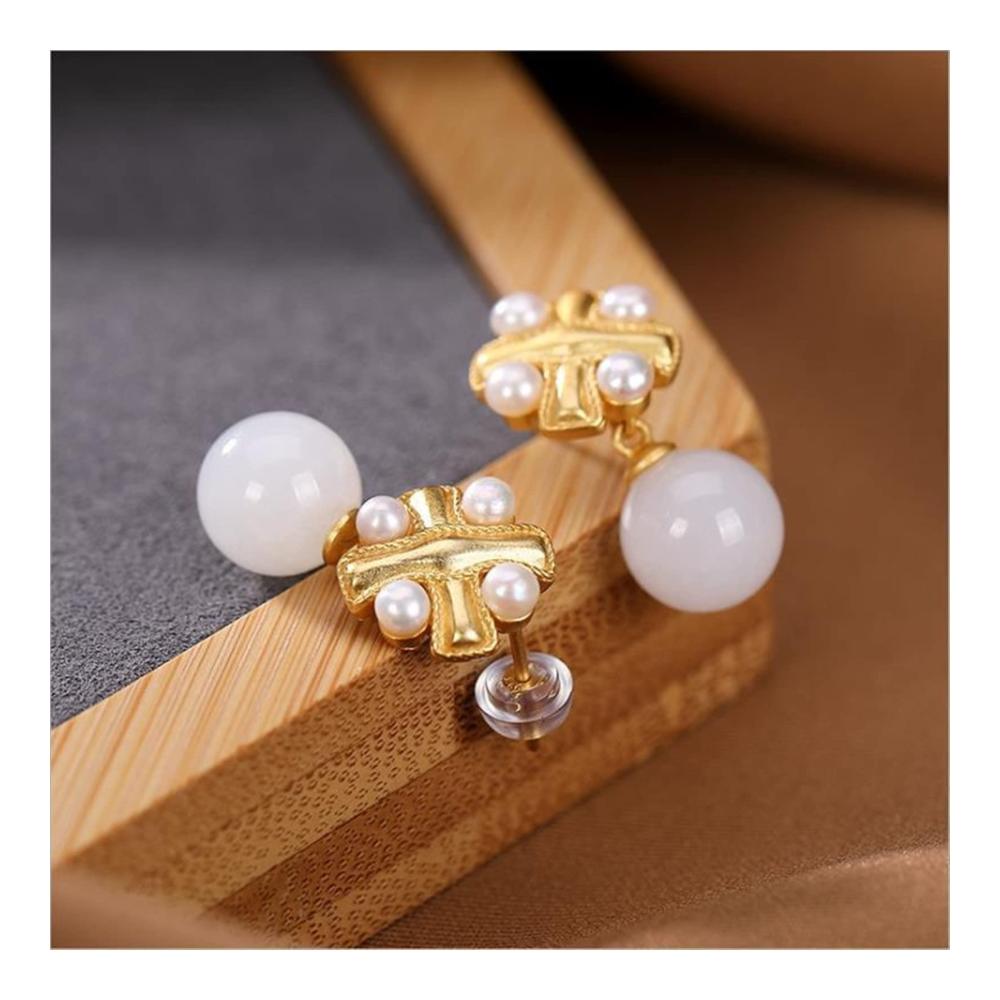 Elegante Weiße Jade-Perlenohrringe mit antikem Gold-Charme für Damen - Handgefertigt - 1 Paar