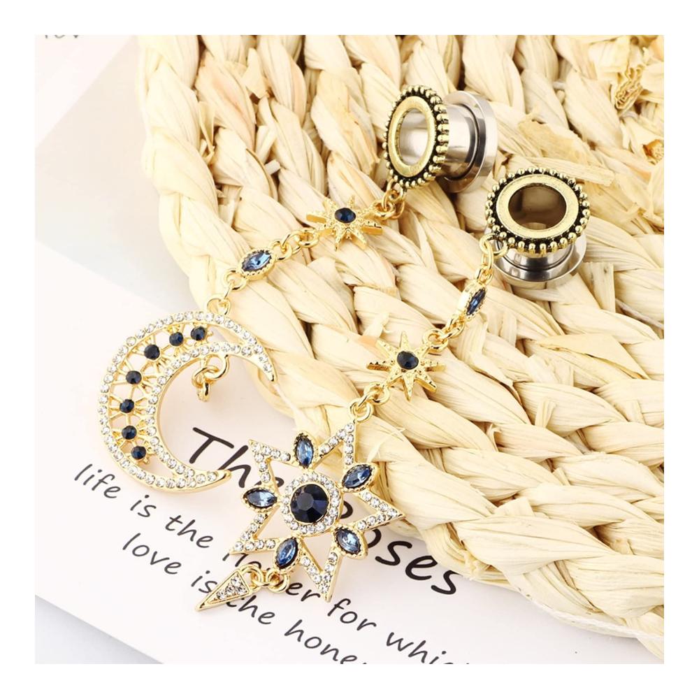 2er Set Hochwertige Edelstahl Tunnel-Dehnsets | 10mm-20mm | Blau-Weißer Zirkonia Sternanhänger | Stilvoller Ohrschmuck für alle Geschlechter | Trendige Punk-Accessoires