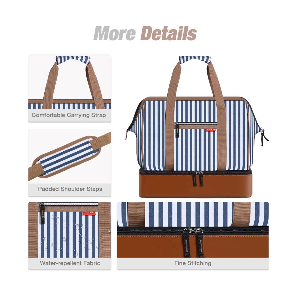 Luxuriöse Doppellagige Reisetasche Weekender Damen Schickes Design praktisches Schuhfach großzügiges 35L Volumen. Handgepäck für Flugzeugreisen in stylischem Blau Gestreift
