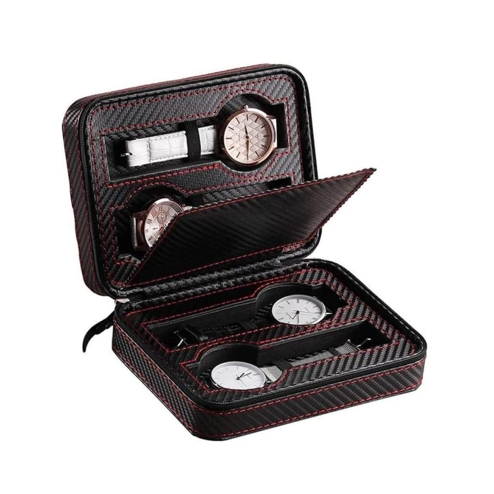 Exklusive Uhrenbox Stilvolle Aufbewahrung für 4 Uhren tragbare Schmuckschatulle mit Reißverschluss elegante Kohlefaser-Optik perfekte Präsentation Ihrer Zeitmesser
