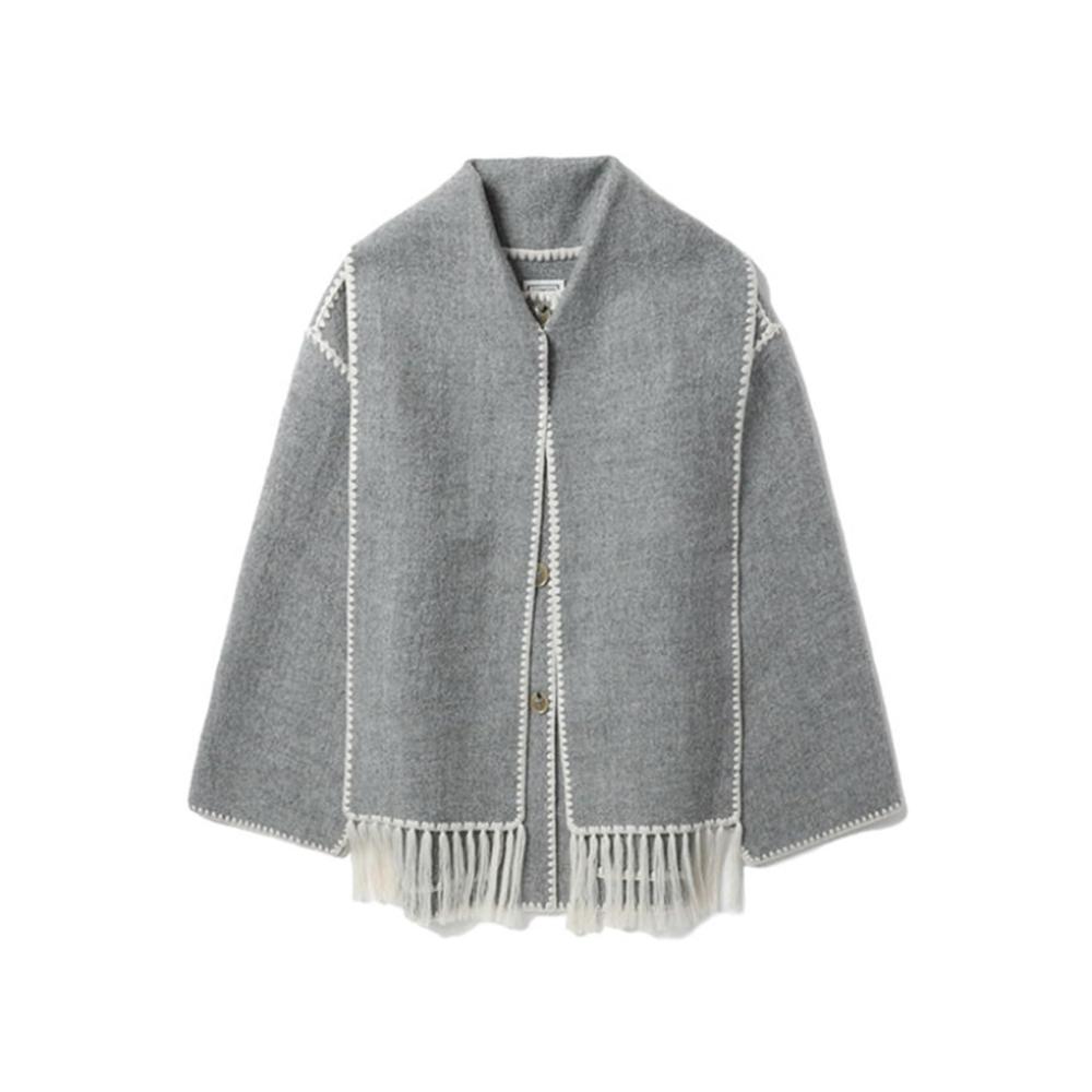 Edler Strick-Wintermantel mit abnehmbarem Schal für Damen | Langer Einreiher-Mantel mit Quasten-Schalkragen | Warme Herbstjacke mit Statement- Schal