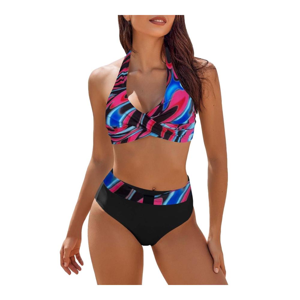 Damen-Badeanzug zweiteilig hohe Taille Farbblock Bade-BH Wickel-Bikini-Set für Urlaub Strand sexy schick Bademode Badebekleidung heißpink 52