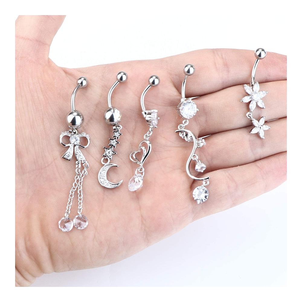 Erleuchten Sie Ihren Bauch mit Bananabells 7 Stücke Bauchnabelpiercing-Set Chirurgenstahl funkelnde CZ mondige Sterne Perlbaumel 14G Piercing-Körperschmuck von LOLIAS