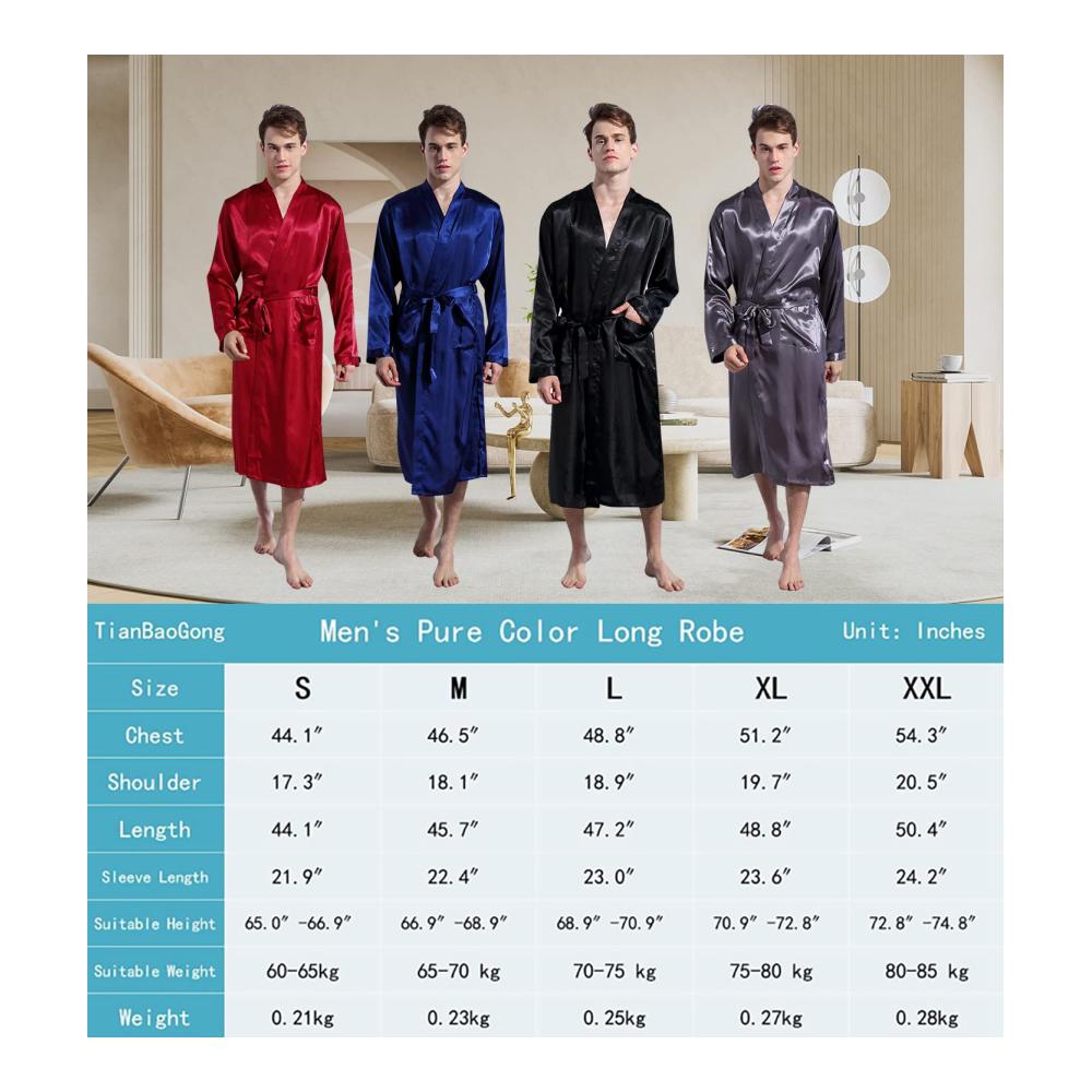Erleben Sie puren Luxus Herren Bademantel Kimono aus glattem Satin leicht und weich. Perfekt für entspannte Nächte mit Gürtel und Taschen