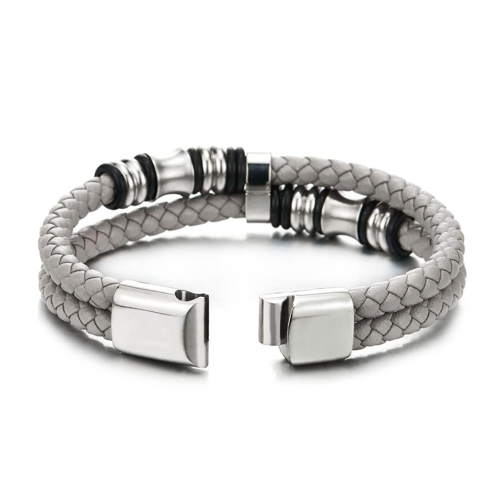 Doppel-Lap Geflochtenes Lederarmband für Herren - verstellbares Armband für den lässigen und sportlichen Look mit Schweißband und Edelstahlverschluss