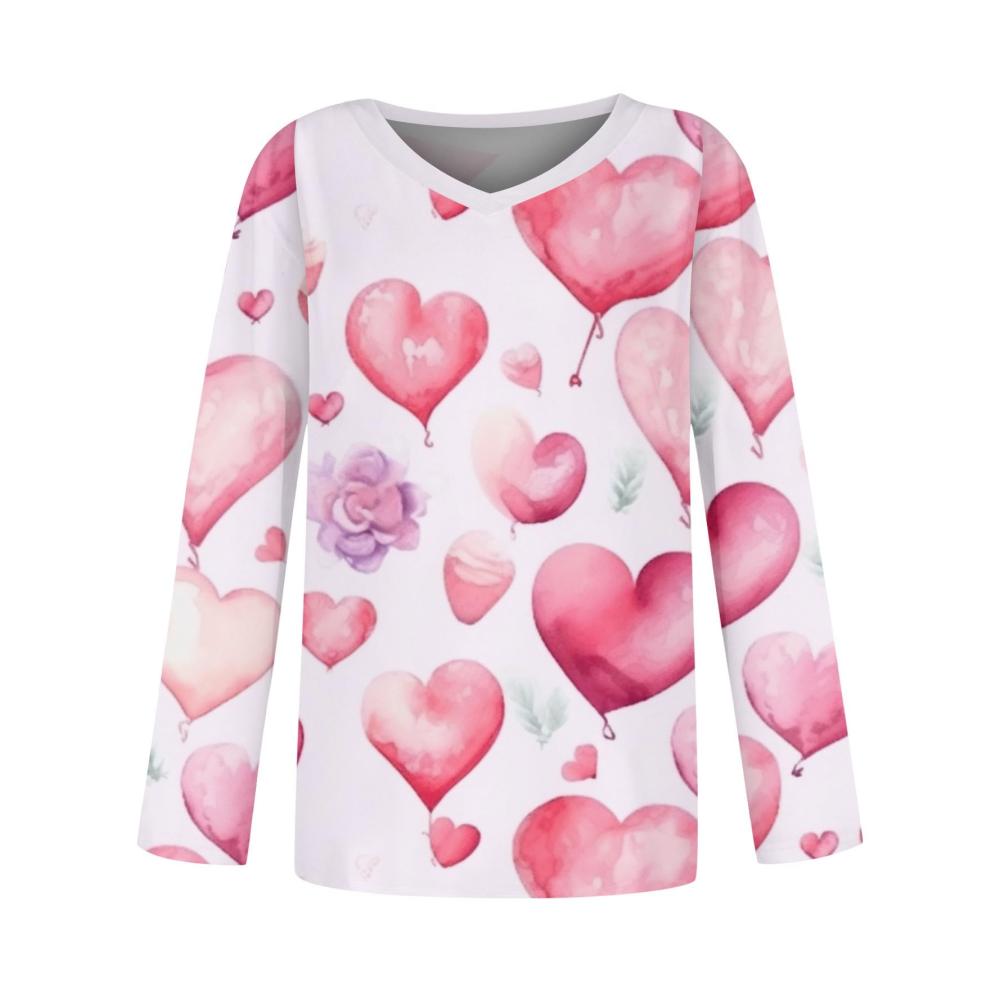 Bedrucktes Top mit V-Ausschnitt und Valentinstagsmotiv für Damen modisch lässig langarm große Größen Basic-Oberteile für Herbst Winter und Alltag