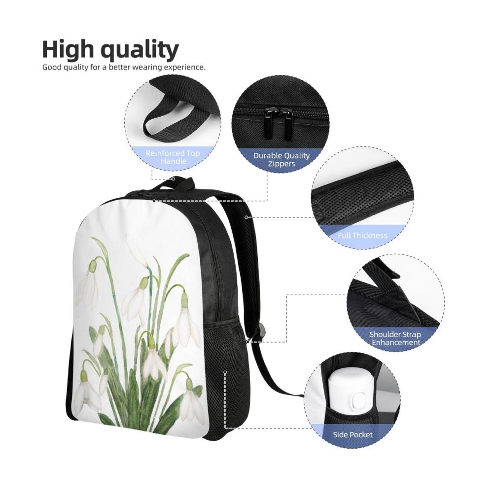 Entdecke den perfekten Begleiter für deine Abenteuer mit unserem leichten Tagesrucksack! Ideal für Schule Wandern Reisen und Camping. Unisex-Design mit weißen Schneeglöckchen-Blumen