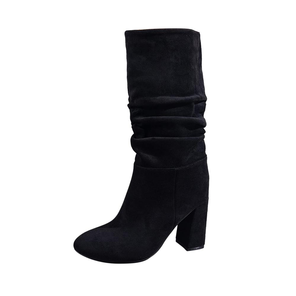 Damen Mode Einfarbige Flock Stiefel Stapelabsatz Schnürstiefel High Heel Mid-Calf Ankle Boots Damen Plüsch Knopf Winter Stiefel