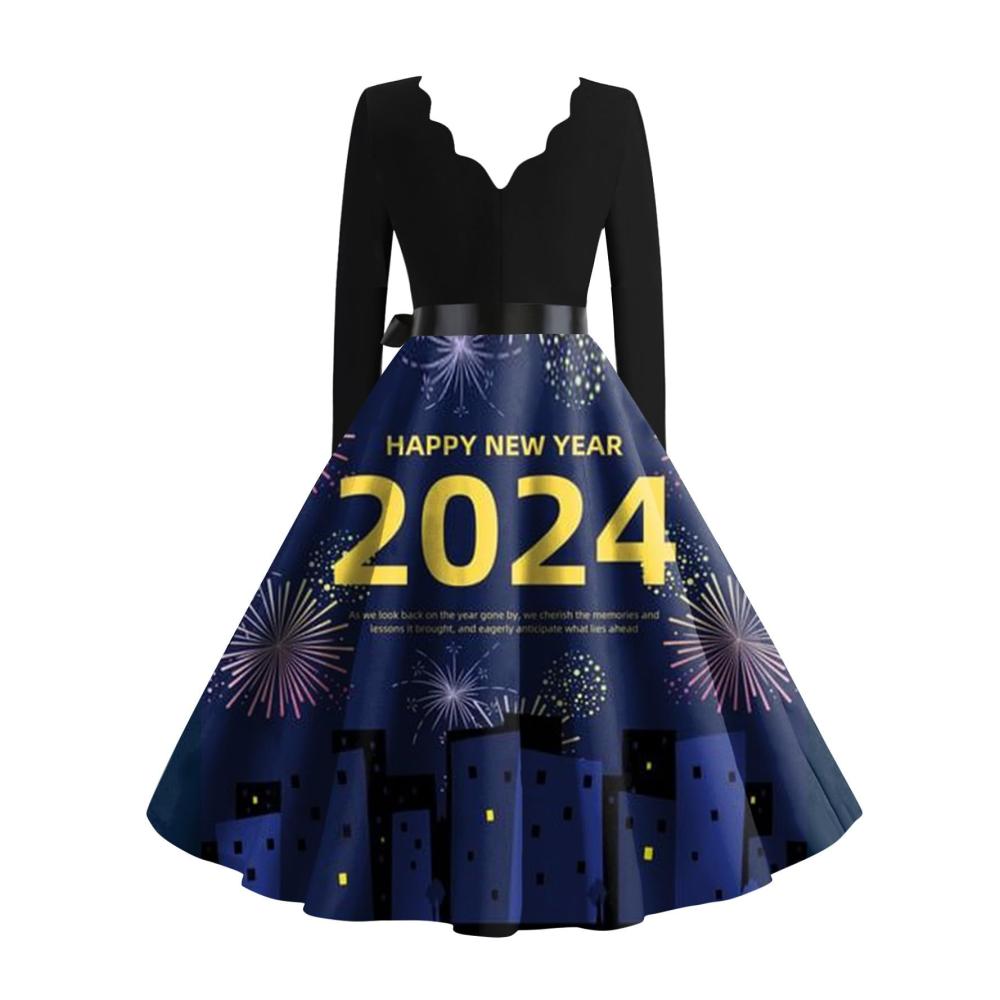 Entzückendes Weihnachtskleid Elegante Langarm Vintage A-Linie für Damen mit V-Ausschnitt und Gürtel perfekt für festliche Anlässe und Partys. Größe bis 5XL erhältlich