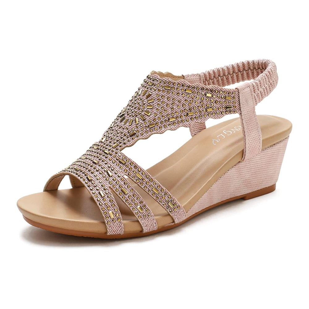 Elegante Bohème Damen-Plattformkeilsandalen mit Strasssteinen für den Sommer in Pink Größe 39 EU - Helle und einfache Mode Sandalen