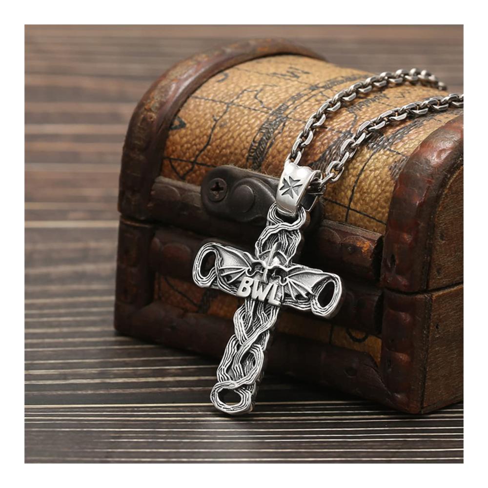 Entdecke den einzigartigen Charme Halskette mit Kettenanhänger aus S925 Sterling Silber für Herren – Retro-Design mit Thai-Silber-Kreuz und Fledermaus-Motiv