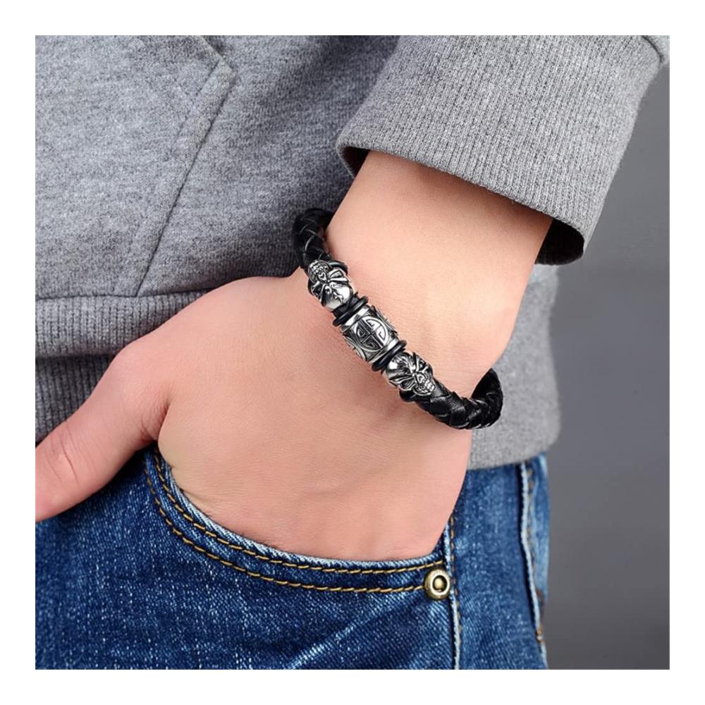 Einzigartiges Herren-Armband Doppel-Skulls Totenkopf Magnetverschluss Leder geflochten Edelstahl - Punk Biker Schmuck für Stil und Charakter