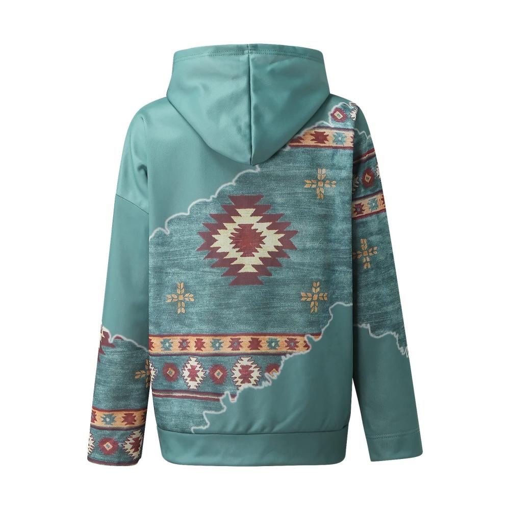 Damen Kapuzenpullover mit farbenfrohem Aztekenmuster geometrischem Ethnodruck westlichem Look langärmeligem Sweatshirt Pullover mit Kängurutasche und Kordelzug für einen lässigen Style