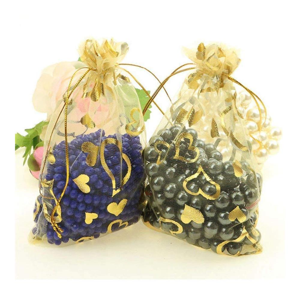Luxuriöse Organza Schmuckbeutel 100 Stück 9x12 cm ideal für Hochzeit & Geschenke (Gold). Elegantes Design mit Sheer-Kordelzug für perfekte Präsentation