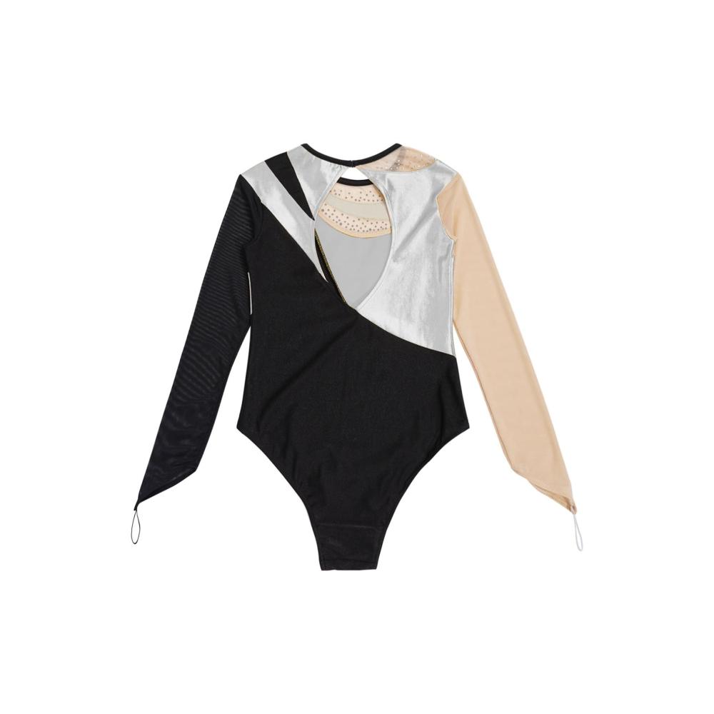 Eleganter Mädchen Ballettanzug Langarm Leotards mit Strass und Glitzer. Perfekt für Wettkämpfe und Tanz. Stilvoller Stehkragen und Patchwork-Design für ultimativen Komfort