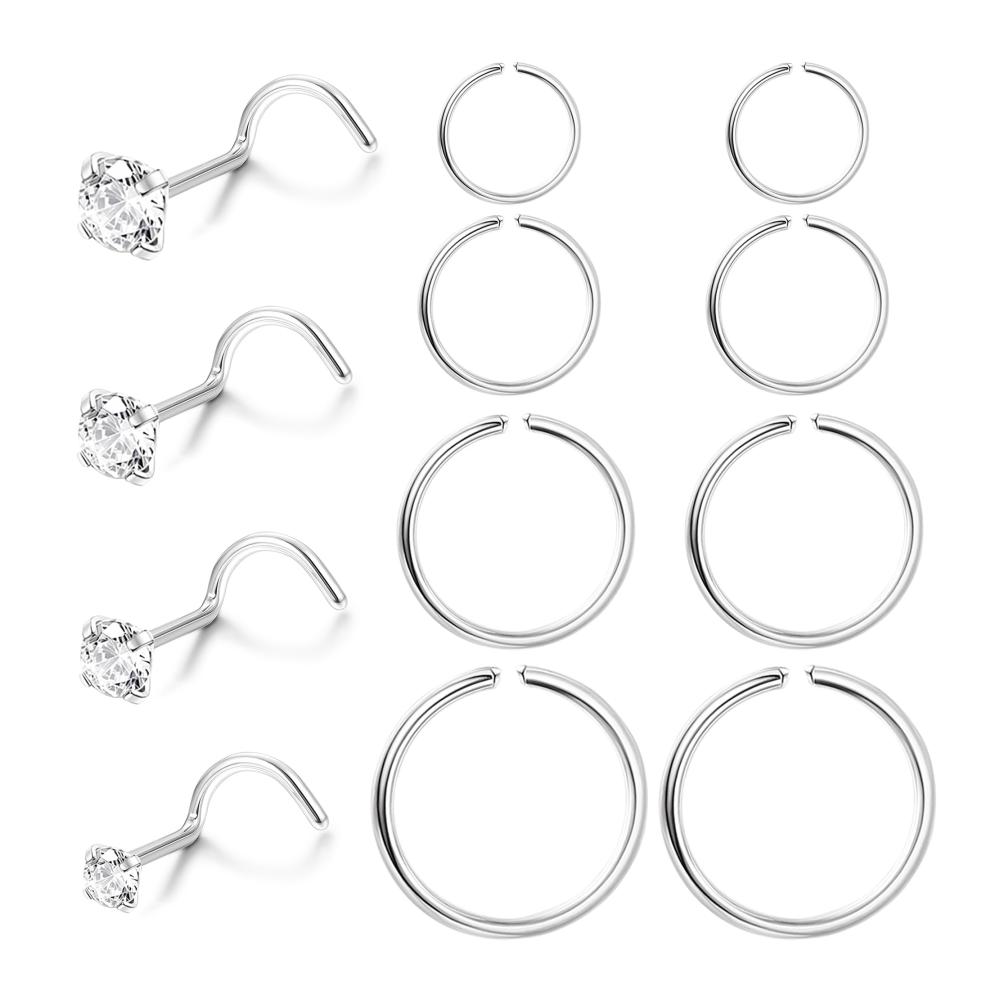 Elegante Vielfalt 12er Set 20G Nasenpiercing Ringe - Dünn Spirale L-Form - Fake Septum Helix Tragus CZ - Nasenringe in Gold & Silber
