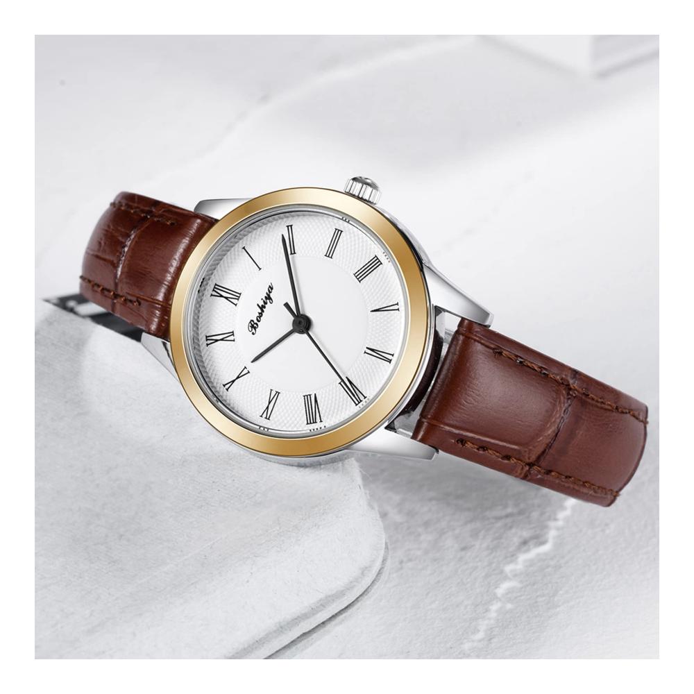 Damen Lederarmband Armbanduhr BOSHIYA Analog Quarz Uhr für Frauen Klassisch Business Wasserdicht Lässig Kleid elegant (Schwarz & Braun