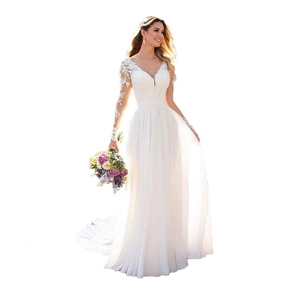 Entzückende Frauen V-Ausschnitt Brautkleider Elegante Spitze luftiges Chiffon & lange Ärmel für den perfekten Boho-Look. Jetzt die Traumrobe entdecken