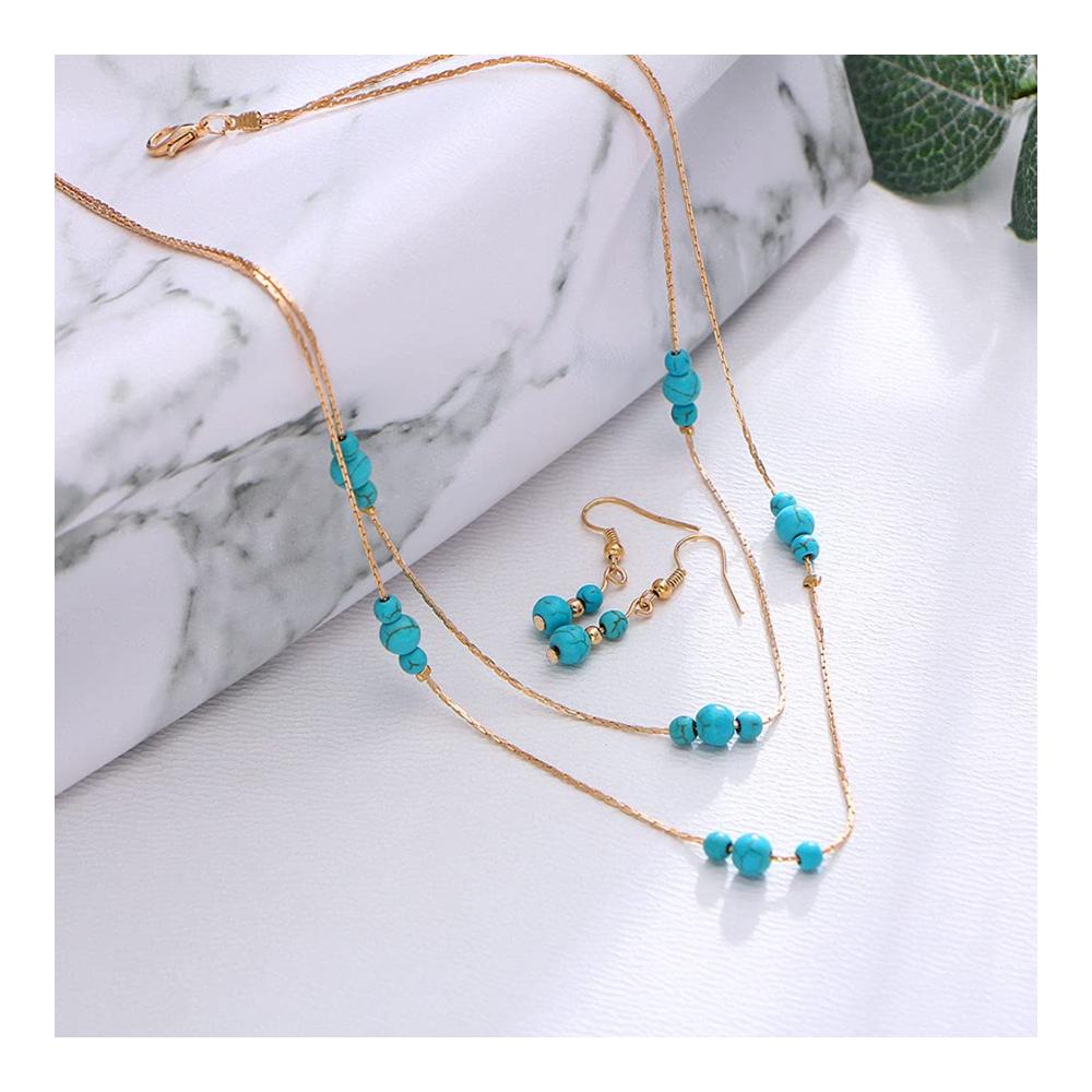 Entdecke zeitlose Eleganz Schmuck-Sets mit Doppel-Layer-Türkis-Halskette und Ohrringen. Handgefertigte Retro-Anhänger und verstellbare Chokerhalsketten für Damen und Mädchen. Gönn dir Luxus