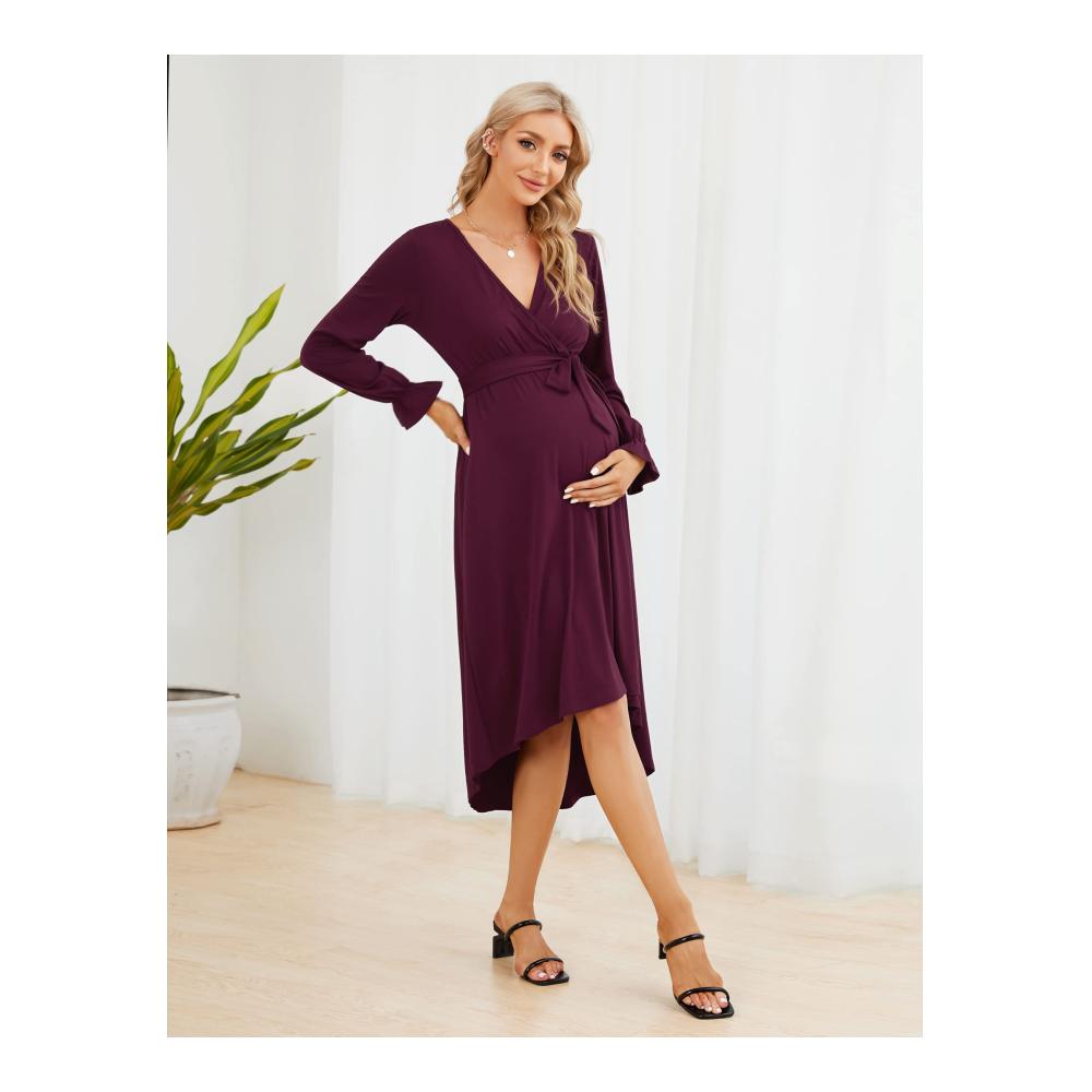 Stilvolles Umstandskleid Damen Langarm Stillkleid mit Gürtel in Burgunderrot - Perfekte Wahl für Schwangerschaft und Eleganz Größe L