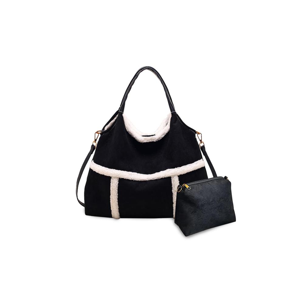 Elegante Damen Henkeltasche aus Lammwolle – Plüschig Retro und Vielseitig | Große Umhängetasche mit Kunstfell | Flauschige Wildleder Tote | Schwarz | Inklusive 2pcs