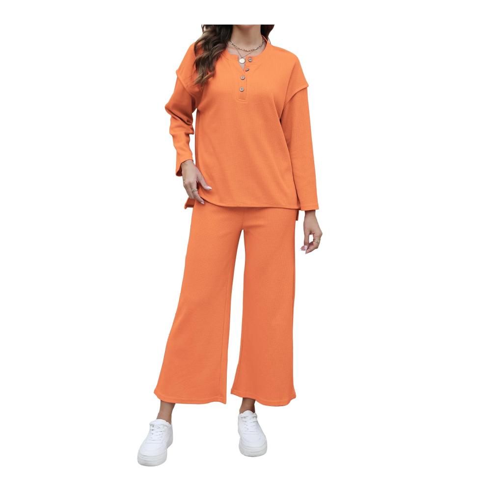 Damen 2-teiliger eleganter Trainingsanzug mit Langarm-Bluse Rundhalsausschnitt weiter Beinhose bequemem Lounge-Set und Freizeit-Jogger
