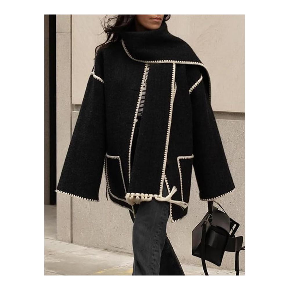 Stilvoller Winter-Chic Damenjacken mit Stickerei und Quasten-Schal - Hochwertige Wolle und übergroße Passform für zeitlose Eleganz
