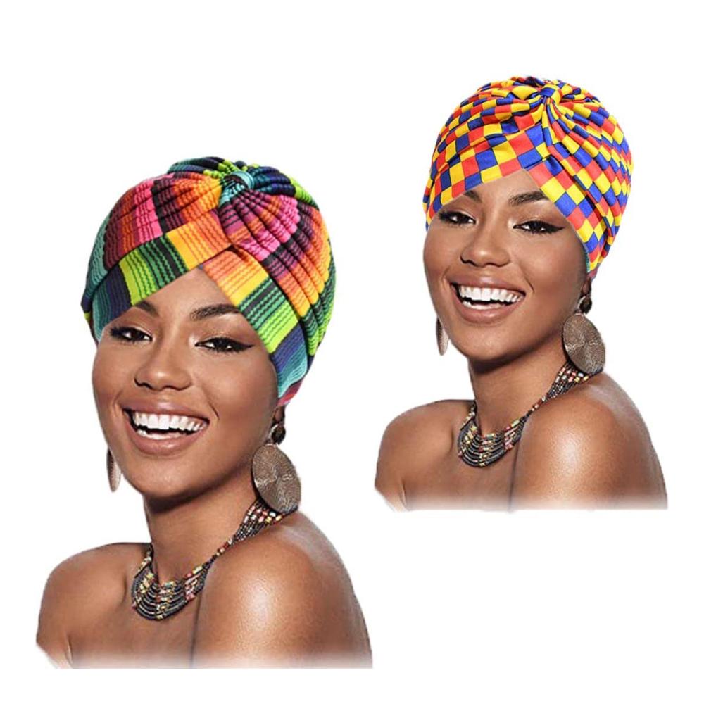 Stilvoll und schützend Set aus 2 vorgebundenen bedruckten Schirmmützen in Regenbogenfarben für Frauen und Mädchen ideal bei Haarausfall. Gönnen Sie sich den afrikanischen Turban-Look