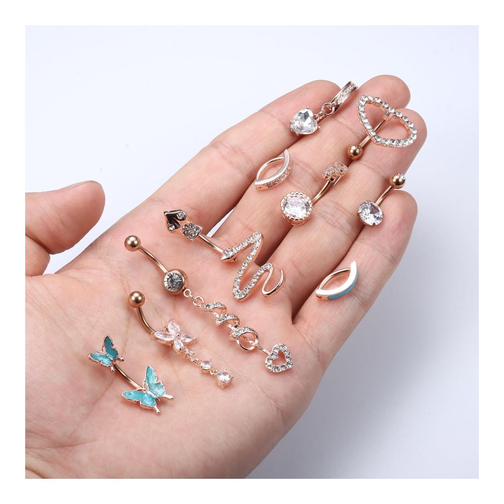Erfrischend exotische Bananabells 10 Edelstahl-Bauchnabelpiercings von LOLIAS mit Herzen Schlangen Schmetterlingen und CZ-Anhängern. Unwiderstehlich