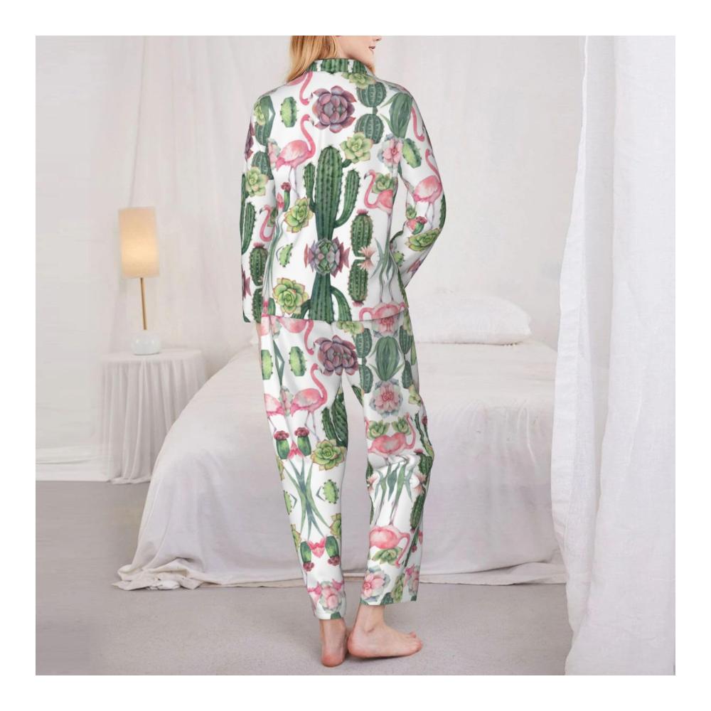 Damen-Schlafanzug Rosa Flamingo und Sukkulenten-Motiv Langärmelig Bequem und Stilvoll für die Nachtruhe Perfektes Geschenk für Entspannte Nächte