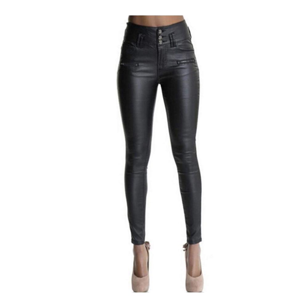 Damen Kunstleder Leggings High Waist Lederhose mit Push-Up Effekt Skinny Stretch Tights in Schwarz - Bequeme Röhrenhosen mit Taschen und Knopfleiste für perfekte Passform