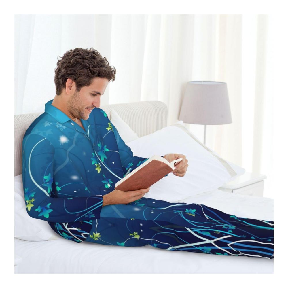 Gemütlicher und modischer Herren-Schlafanzug mit blauem Mini-Blumen-Swirl-Druck langärmelig für optimalen Komfort. Perfekte Nachtwäsche für erholsamen Schlaf