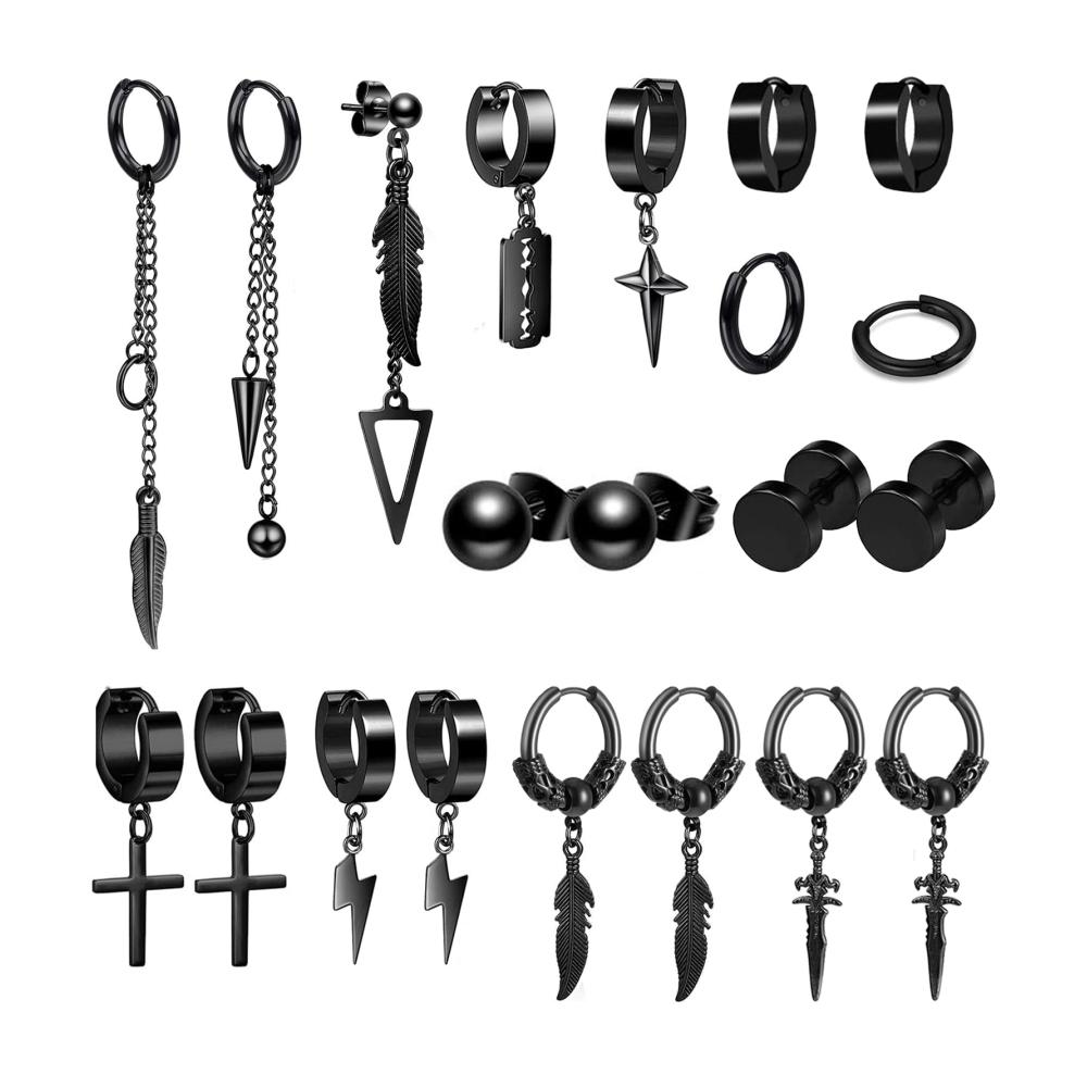 Stilvoll punkig 21-teiliges Set Edelstahl-Ohrringe für Herren mit Creolen Anhängern und Ohrsteckern in Schwarze Kpop Huggie Ohrringe. Holen Sie sich jetzt Ihren einzigartigen Look