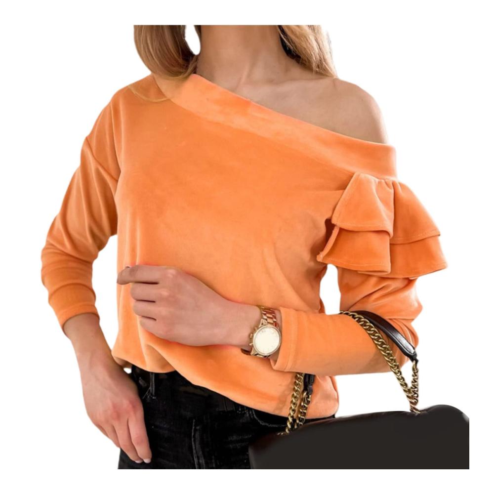 Damen Tanktop mit Volant-Rand und schrägen Schultern schlichter Samt vielseitig einsetzbar für den Frühling und den täglichen Gebrauch in Orange Größe M