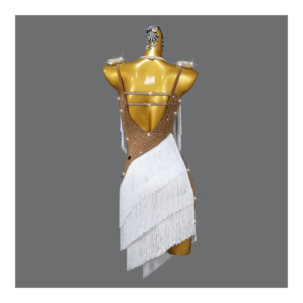 Elegantes Latein Turnierkleid Rückenfrei Fransen & Schlitz. Perfekt für Salsa Samba & mehr. Weißes Kleid ideal als Geschenk für Frauen