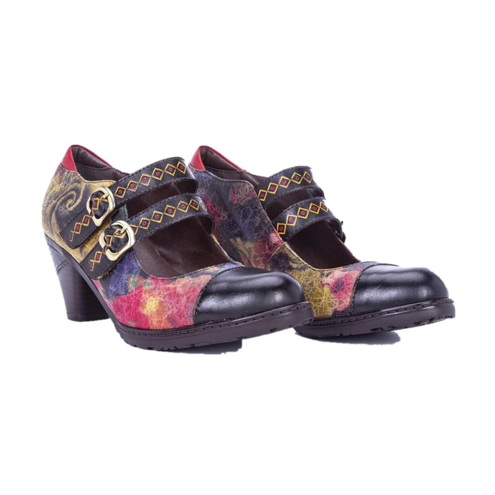 Bezaubernde Damen Pumps Vintage Mary Janes mit farbenfroher Stickerei und Blockabsatz aus Leder – ein stilvolles Must-Have