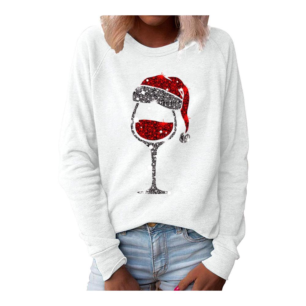 Damen Weihnachten Pullover Sweatshirt Cartoon Druck Rundhals Langarm mit Tasche Hoodie Mädchen Tops 1-White XXXXL