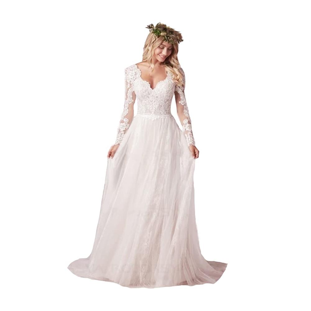 Entzückendes Damen Strand Boho Tüll Brautkleid Romantische Spitze Lange Ärmel A-Linie - Perfekt für die moderne Braut. Jetzt zugreifen und stilvoll strahlen
