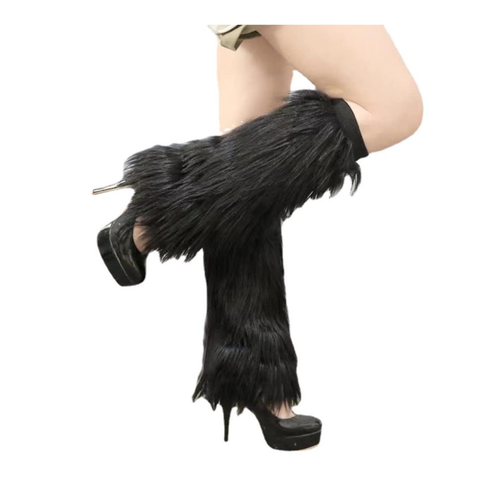 Fluffies Kunstfellstiefel-Socken Weibliche Beinwärmer mit Leggings-Look & wärmender Fußabdeckung (Schwarz 20 cm