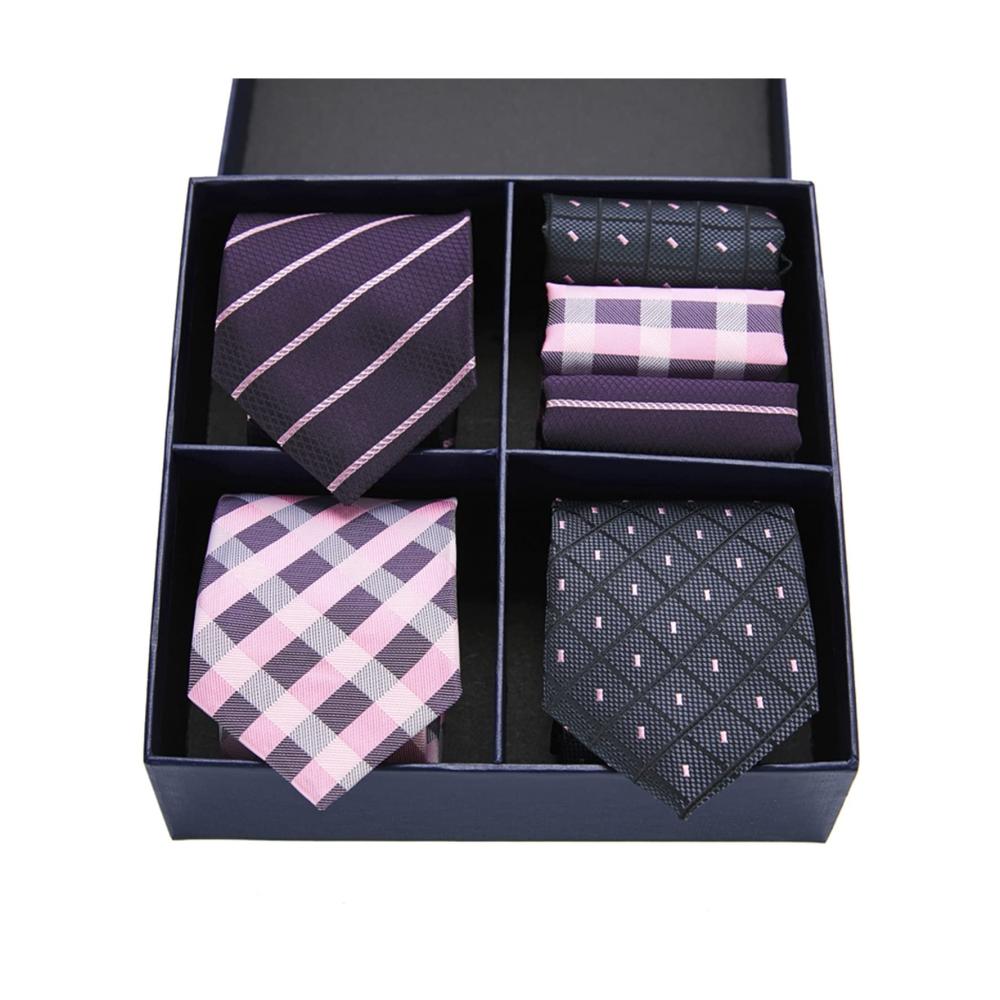 Elegante Jacquard-Krawatte & Accessoires-Geschenkbox Karierte Goldakzente mit Einstecktuch Manschettenknöpfen – Perfekt für stilvolle Looks! (Farbe GL-25