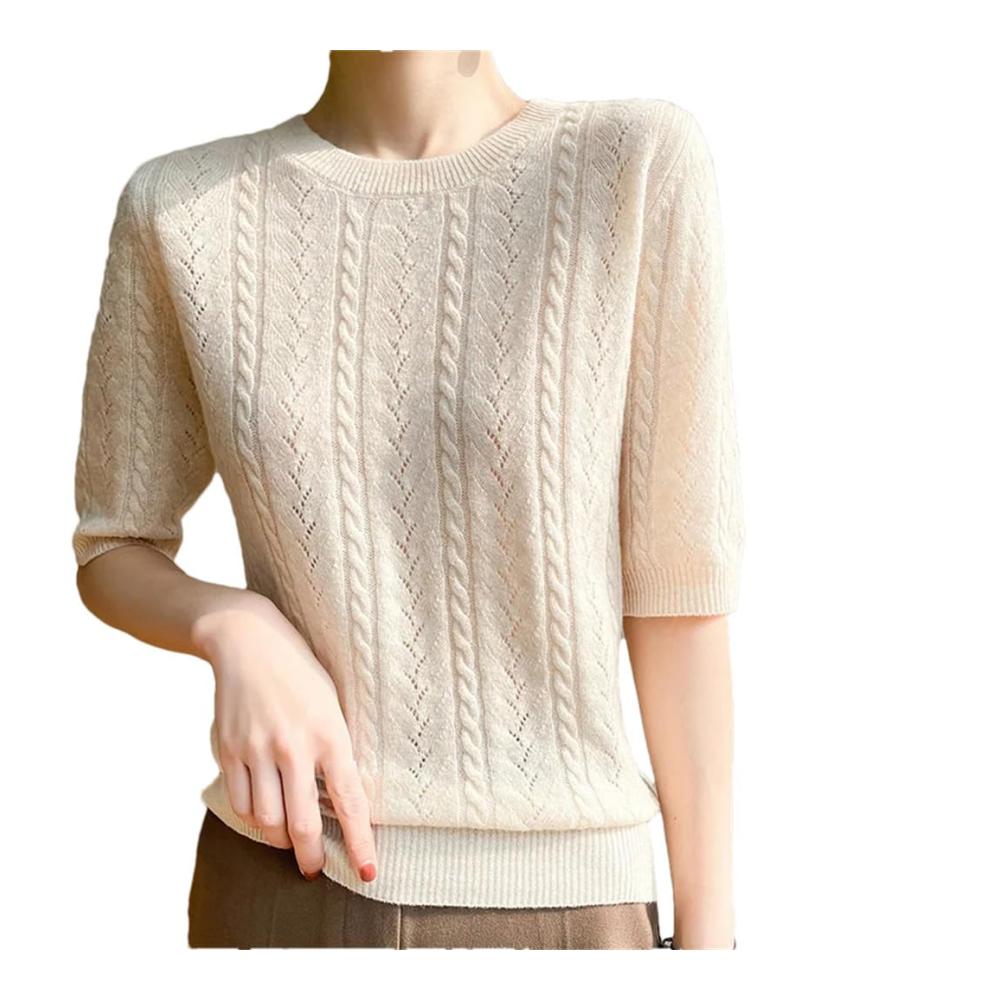 Damen T-Shirts Dünn O-Ausschnitt Strickpullover Wollpullover Halbarm Pullover Hohl Oberteil Loose Langarm