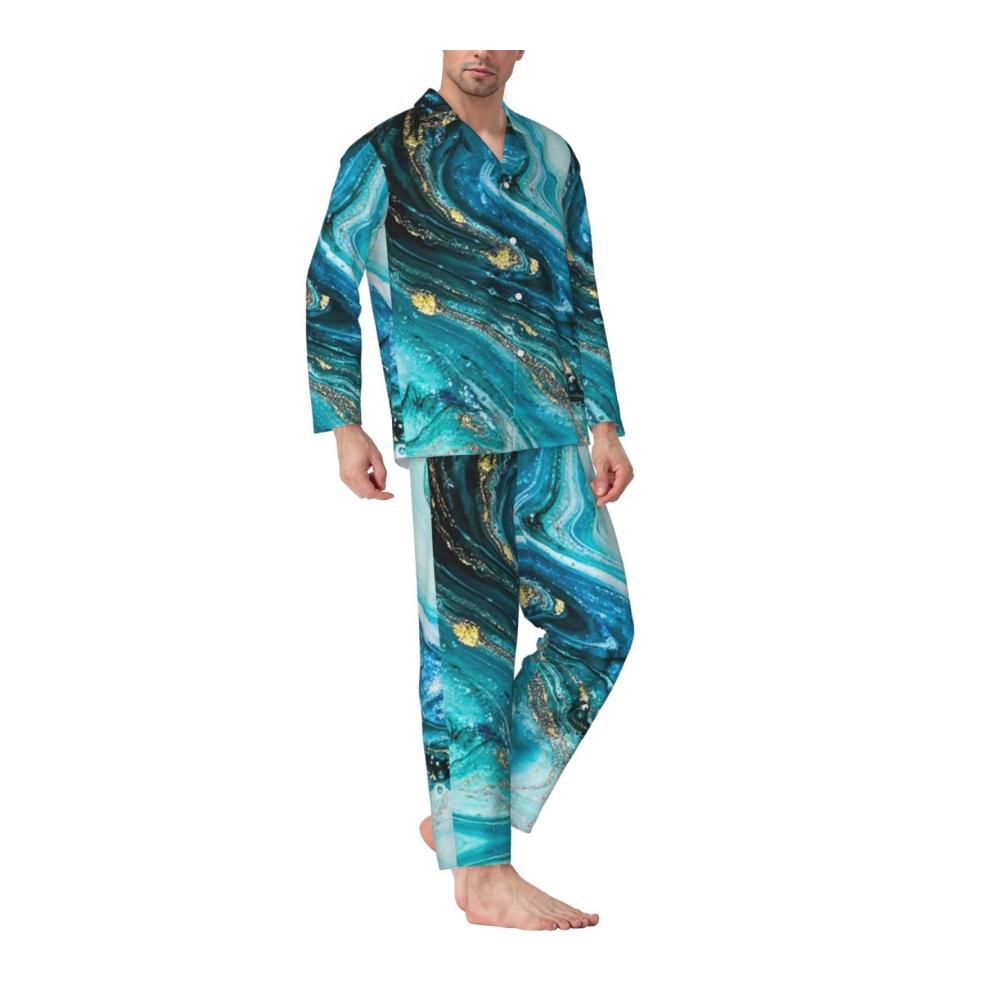 Bequemer Herren-Pyjama Langärmeliges Türkis-Blau-Gold-Marmor-Set - Stilvoller Schlafanzug für erholsame Nächte