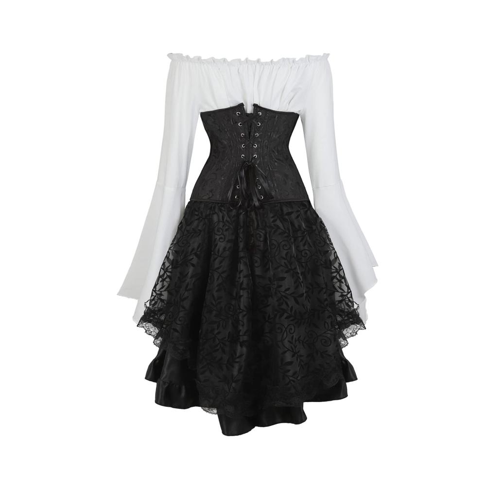Tauche ein in Vintage-Chic Steampunk Corsage & Bustier Set mit Tüllrock und Piratenbluse. Exquisites Jacquard-Korsett-Kostüm für stilvolle Abenteuerinnen