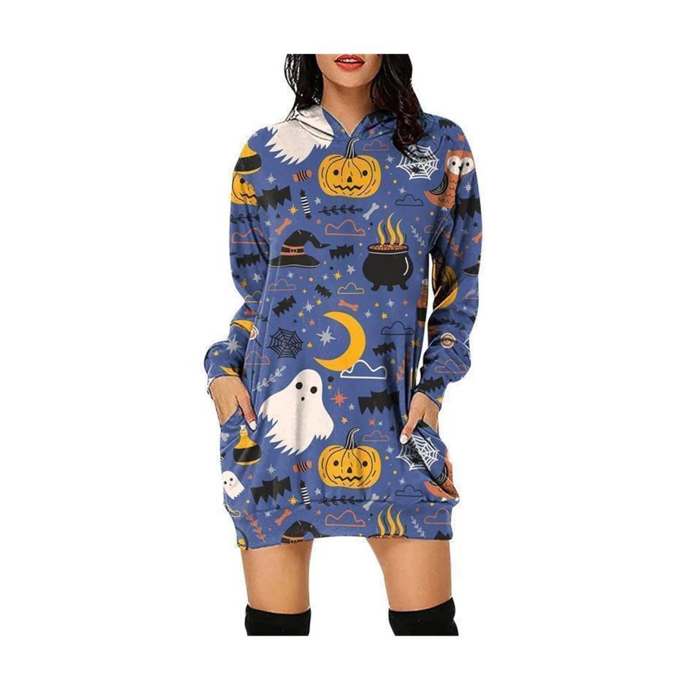 Elegantes Halloween-Kleid Damenmode mit Kapuze Langarm und V-Ausschnitt. Stilvoll bedruckt verleiht es jedem Anlass Charme und Originalität. Perfekt für einen auffälligen Look