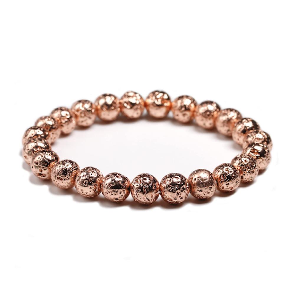 Elegantes Naturstein-Lava-Armband mit 8 mm schwarzen Perlen für Herren und Damen. Elastisches Seil für perfekten Sitz in Rose Golden 19 cm