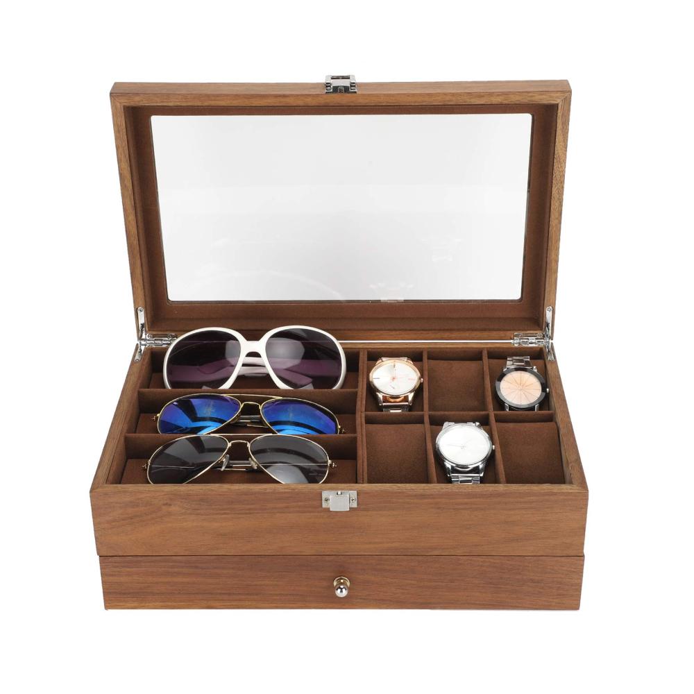 Elegante 3-fach Holzuhrenbox mit Glasdeckel Doppelstöckige Brillen- und Uhrenvitrine für Schmuck