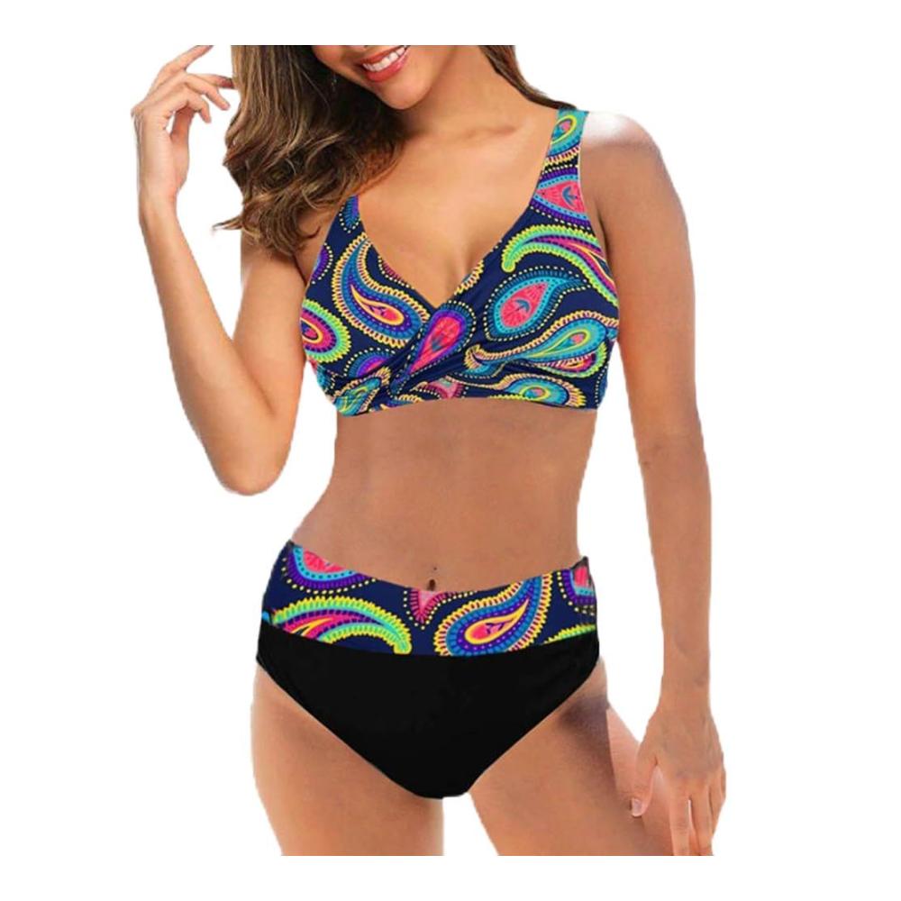 Bikini-Sets für Damen - Triangel-Bikinioberteil breites Unterteil Push-Up zweiteiliger Badeanzug mit V-Ausschnitt gemusterter Bademode Swimsuit